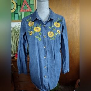Quacker Factory Women's Jean Shirt Jacket Sunflowers Embroidered Sz M